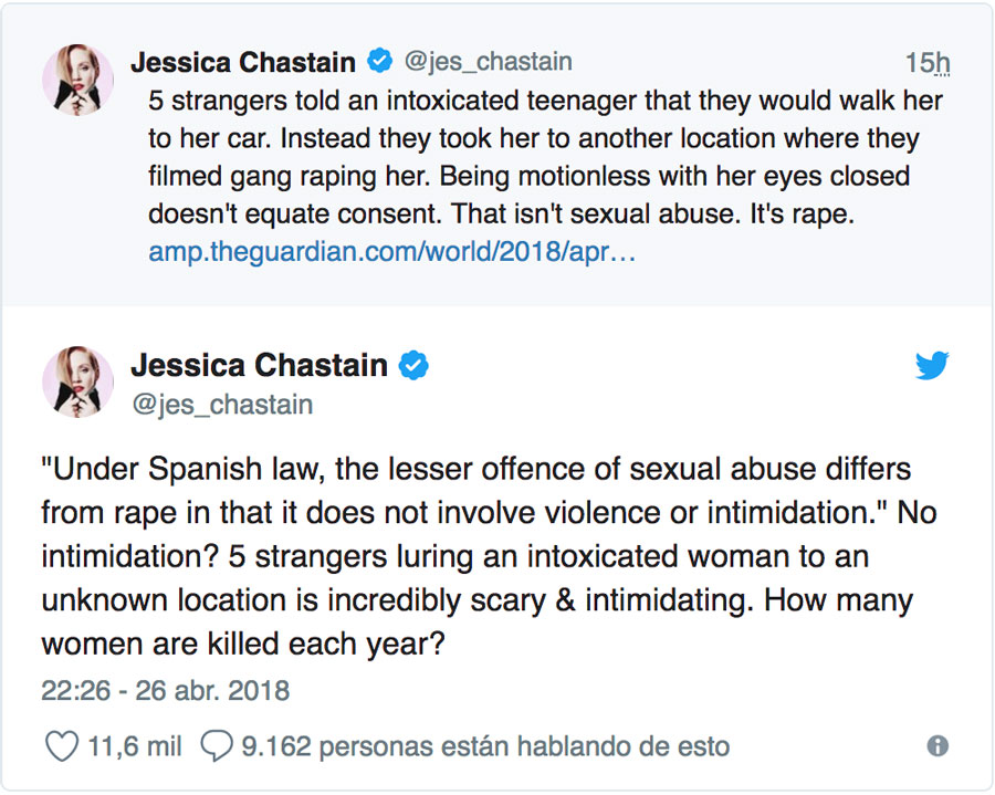 Jessica Chastain también arremete contra la sentencia dictada a 'la manada'
