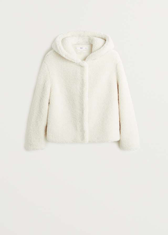 53027016 02 B. Abrigo blanco de borreguito con capucha, de Mango