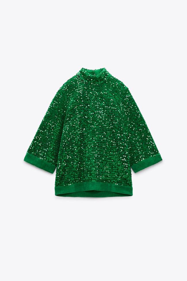 Jersey de lentejuelas verde, de Zara