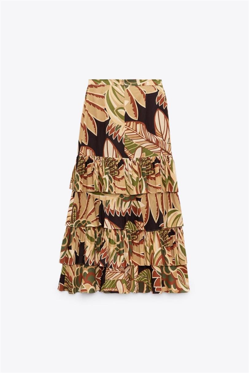 Falda de estampado tropical y volantes de Zara