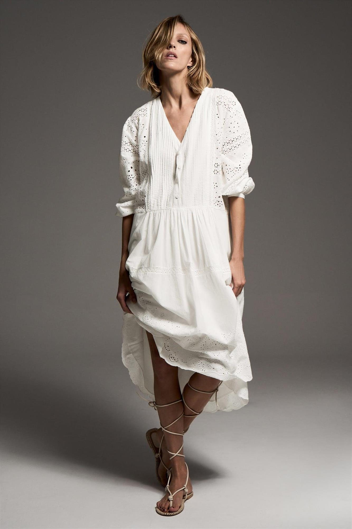 Vestido blanco midi con bordados, Zara