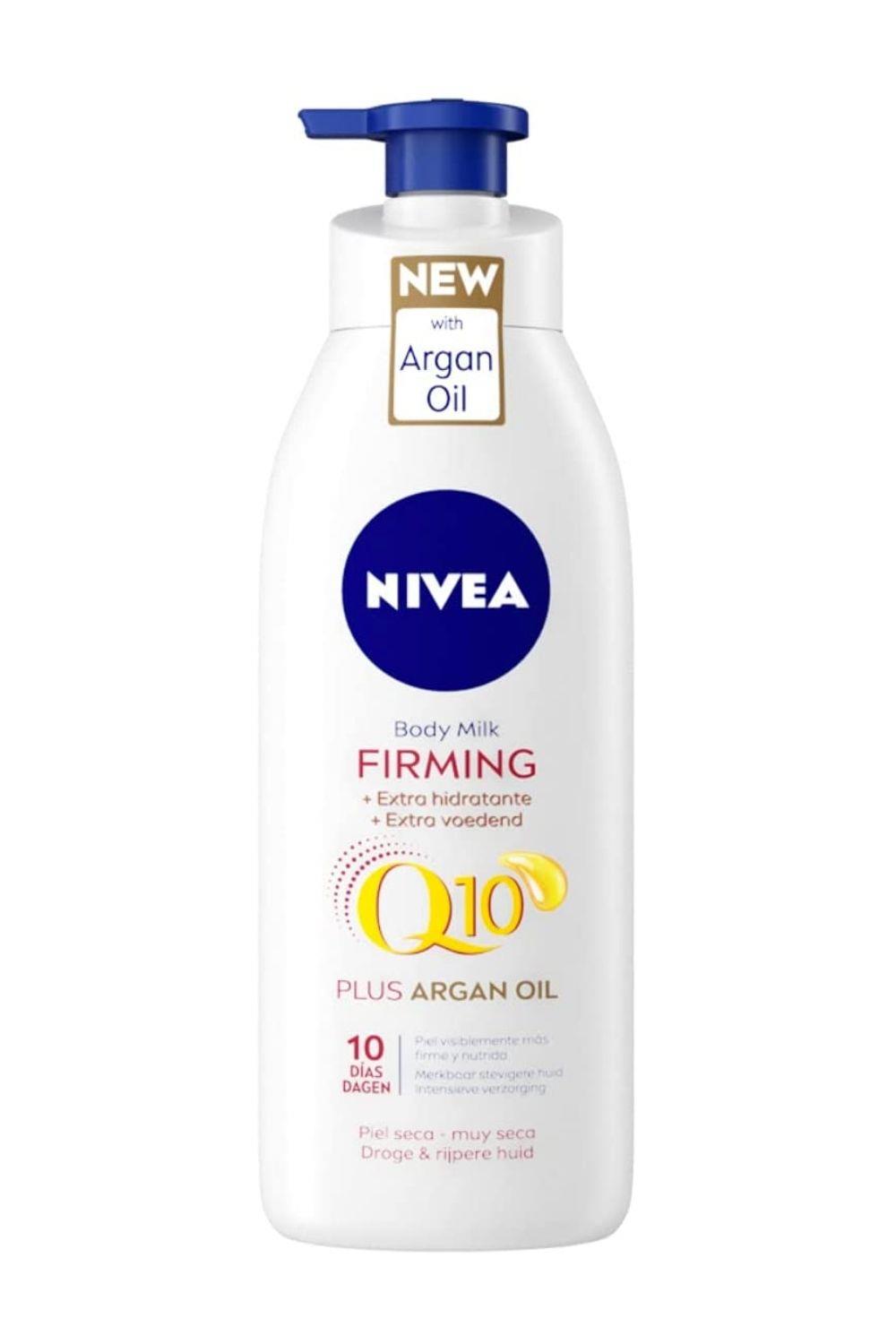 NIVEA Q10 Aceite de Argán Body Milk hidratante Reafirmante + Hidratante (1 x 400 ml), loción corporal para reafirmar la piel y mejorar su elasticidad en 10 días