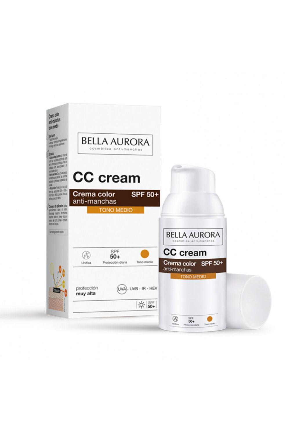 Bella Aurora Crema Facial con Color SPF 50+ CC Cream | Protector Solar Anti-Manchas | Piel Normal o Seca, Tono Medio, 30 ml