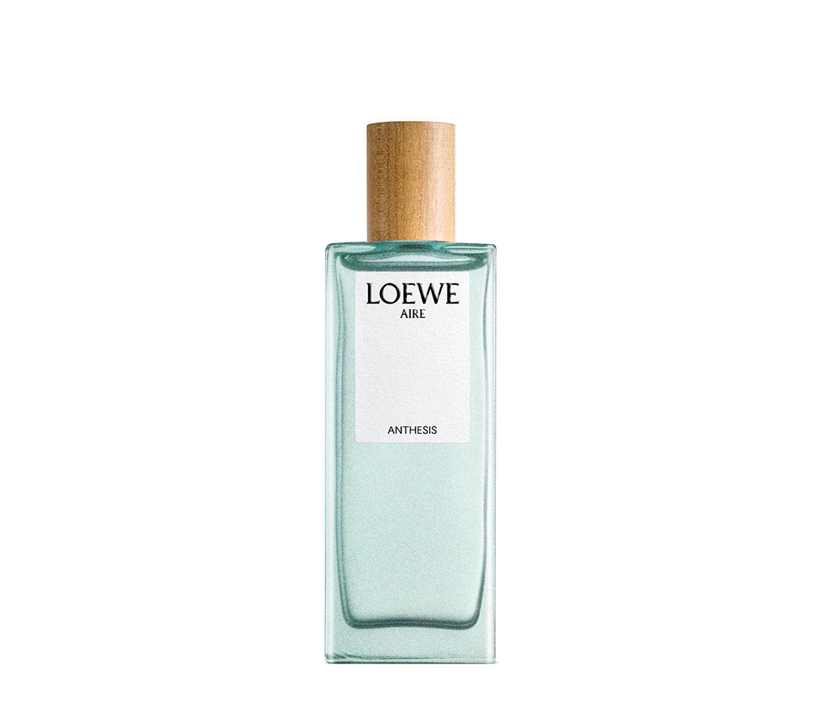 Frasco de perfume azul verdoso con etiqueta blanca