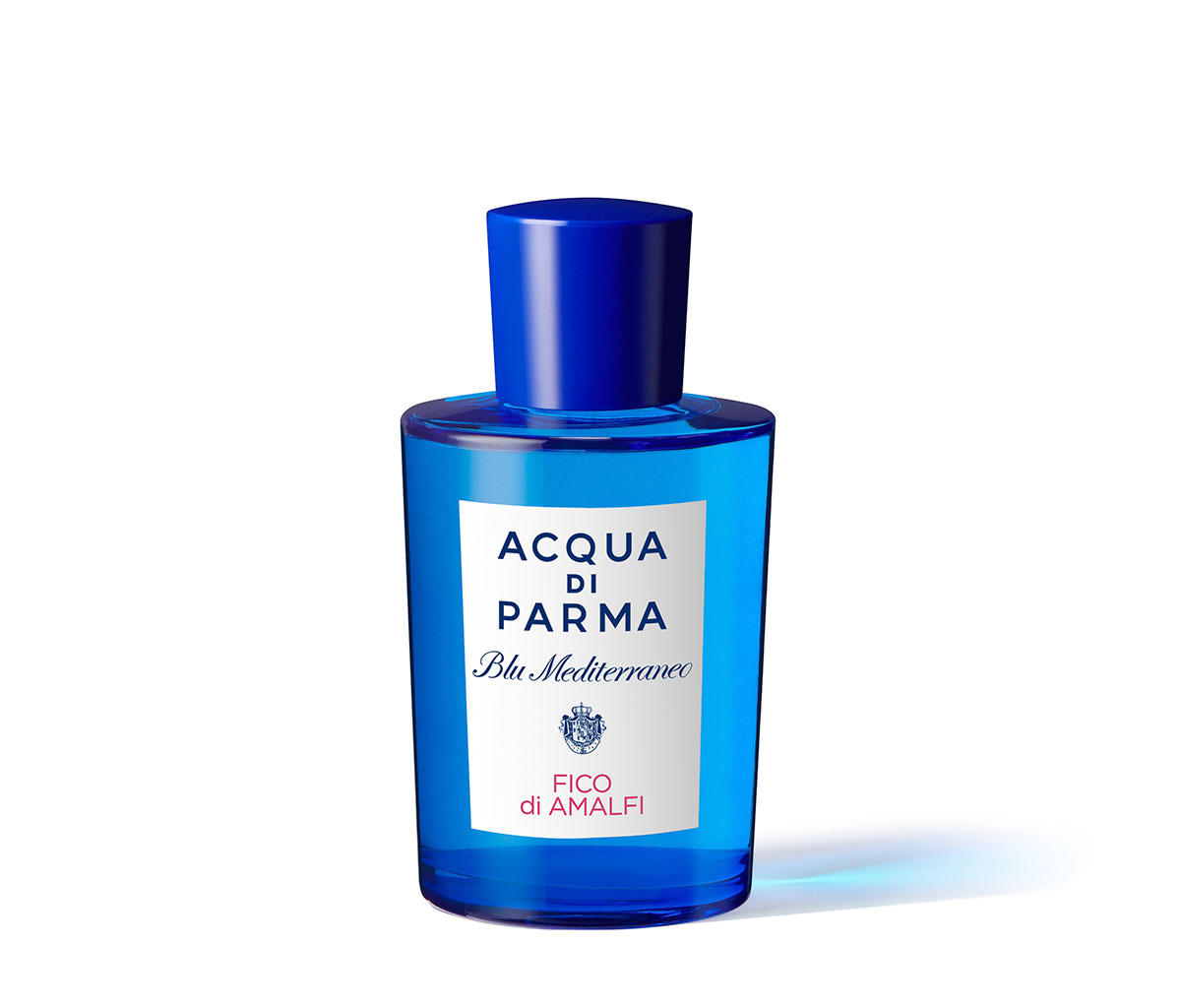 Frasco de perfume azul con etiqueta blanca