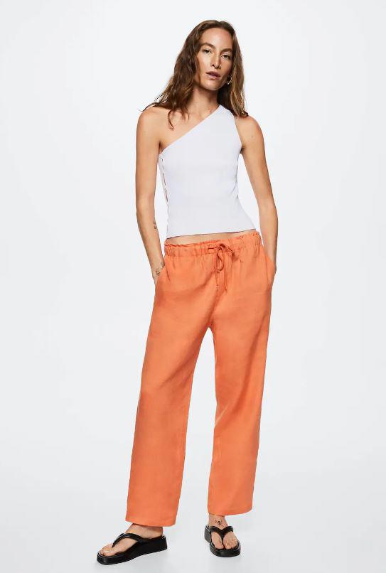 pantalon lino mango outlet naranja