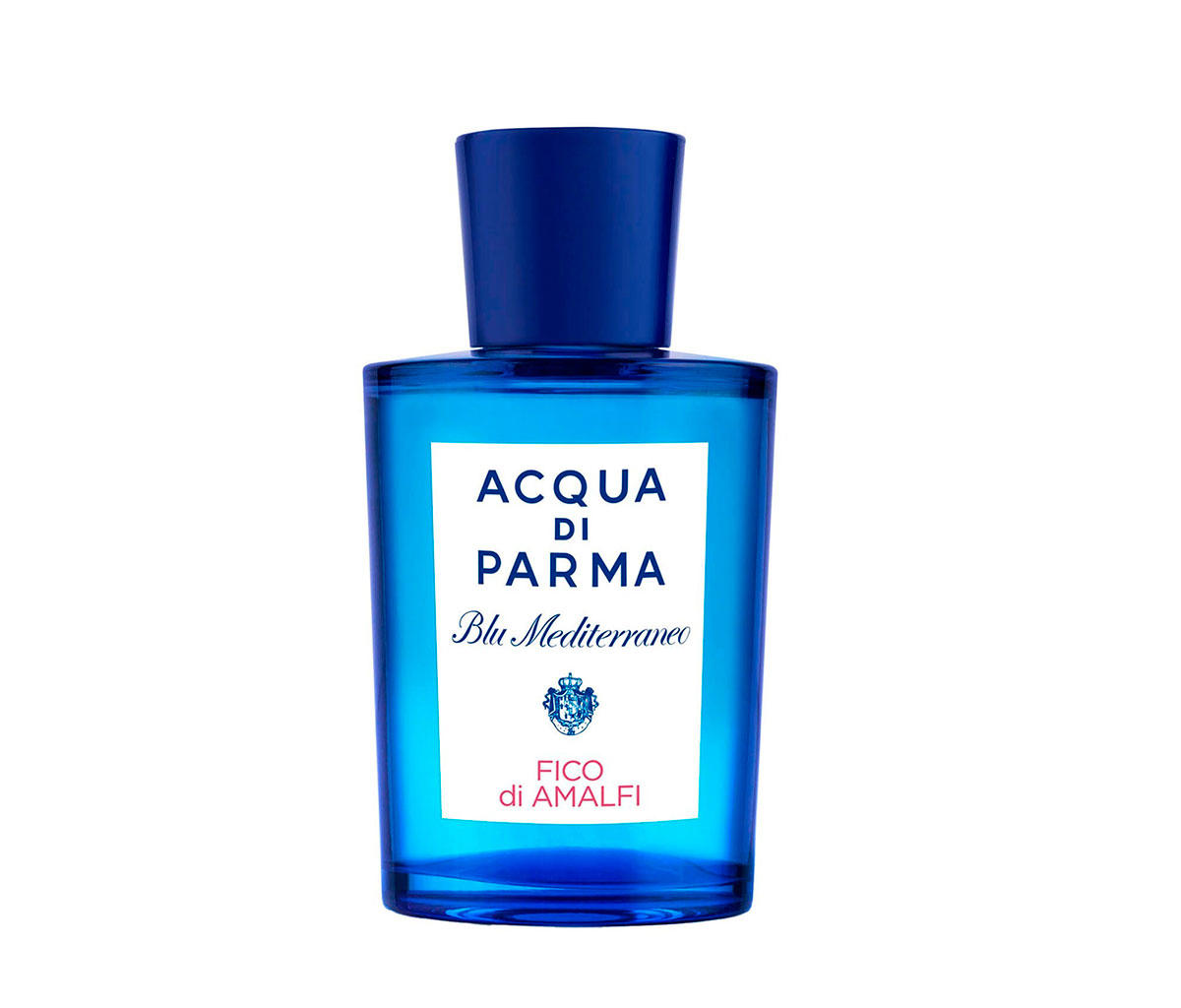 Frasco de perfume azul con etiqueta blanca