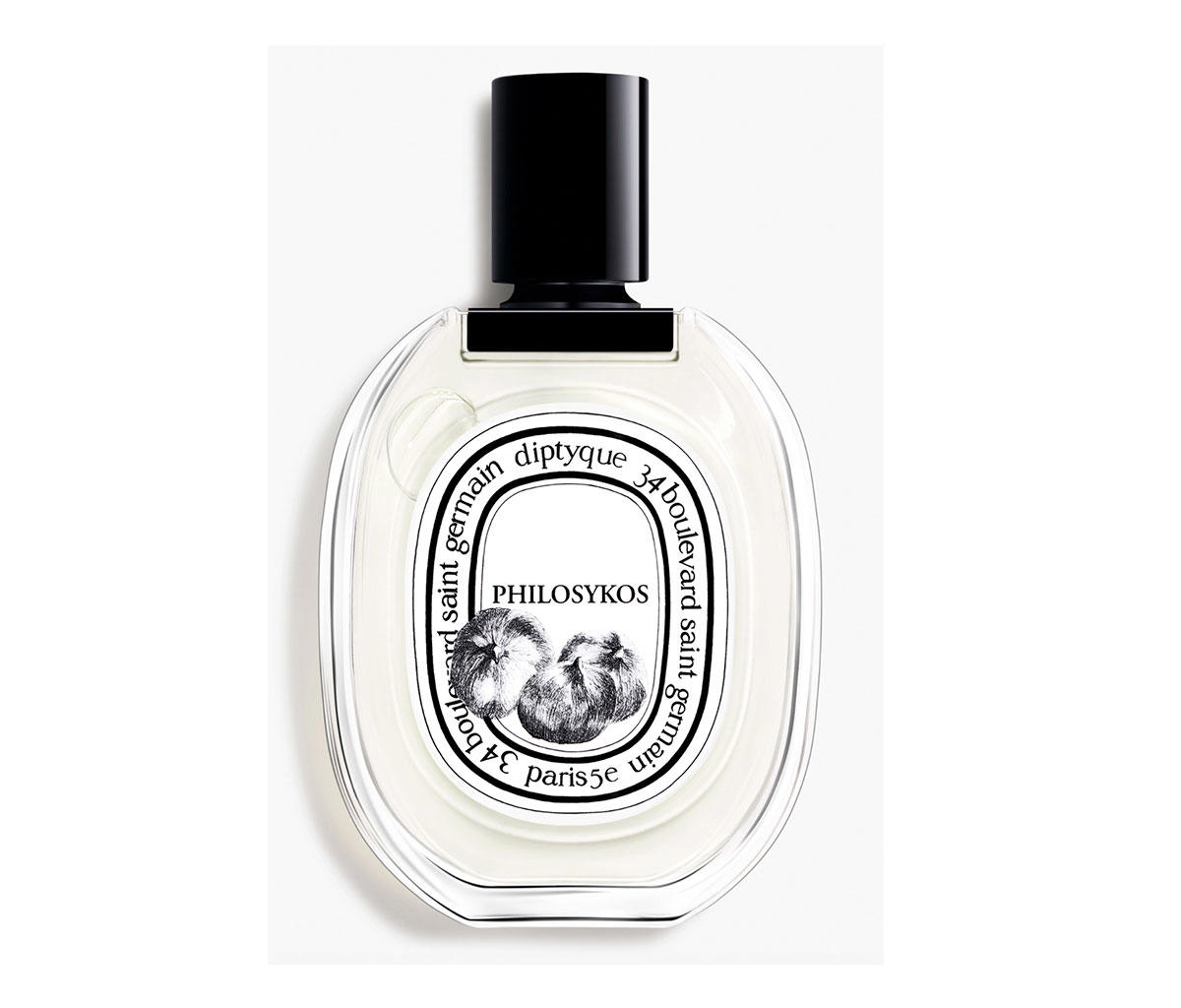 frasco de perfume con tapón negro y etiqueta blanca con letras negras